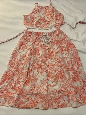 Summer 2 piece Floral Crop Top & Skirt Set in Coral and White